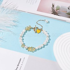 天然シトリン＆パールビーズブレスレット、アロイエナメルハートチャーム付き  女性のためのアクセサリー用原石のアクセサリー  ゴールドカラー  7-5/8インチ（19.4cm）&nbsp;BJEW-JB08039-05