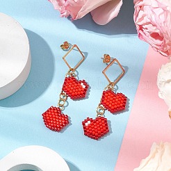 Orecchini a bottone a forma di cuore con perline di vetro fatte a mano&nbsp;EJEW-MZ00279-01