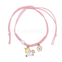 花とユニコーンの合金エナメルチャームブレスレット  女性用ワックスコットンコード編みビーズブレスレット  アクリルビーズで  ゴールドカラー  ピンク  内径：3/4~3-7/8インチ（2~9.7cm）&nbsp;BJEW-JB11696-03
