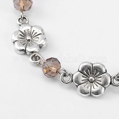 ネックレスブレスレット作り手作りガラスロンデルビーズチェーン  チベットのスタイルの合金の花リンクと鉄のアイピン  溶接されていない  グレー  39.3インチ&nbsp;AJEW-JB00079-05