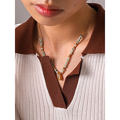 Colliers à perles rondes en acier inoxydable 304 avec pendentif en forme de larme et turquoise africaine naturelle (jaspe)&nbsp;WGE7304-01
