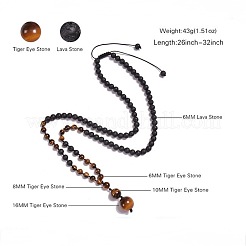 Collares trenzados ajustables con colgante redondo de cuentas graduadas de ojo de tigre natural y roca volcánica&nbsp;HY9299-5