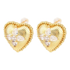 Серьги-гвоздики из латуни с микро-паве и прозрачным фианитом в форме сердца&nbsp;EJEW-K325-01G