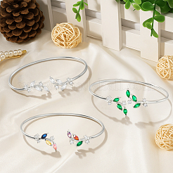 3 Stück 3 Farben elegante Messing-Armreifen mit Zirkonia-Blattmotiv für Frauen&nbsp;BJEW-GO0003-01P