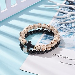 2ピース 2スタイル 天然&合成混合石 クロスストレッチブレスレットセット 木製ビーズ付き 女性用  内径：2-3/8インチ（6cm）  1個/スタイル&nbsp;BJEW-JB08344