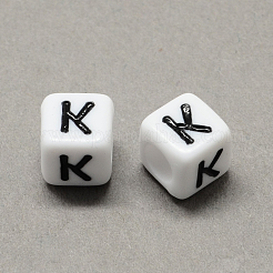 大穴アクリル文字ヨーロピアンビーズ  水平穴  ホワイト＆ブラック  文字.k付きのキューブ  6x6x6mm  穴：4mm  約2950個/500g&nbsp;SACR-Q103-6mm-01K
