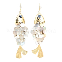 合金ダングルピアス  魚  シェルと  ゴールドカラー  120x31~33mm&nbsp;LS-EJEW-D349-01G