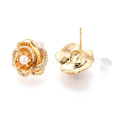 Серьги-гвоздики в форме цветка с прозрачными кубическими цирконами из латуни KK-T077-24G