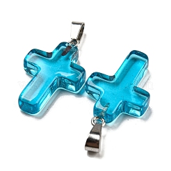ガラスのペンダント  白金鉄パーツ  クロスチャーム  ディープスカイブルー  29x18x5.5mm  穴：7x3.5mm&nbsp;GLAA-H029-05P-04