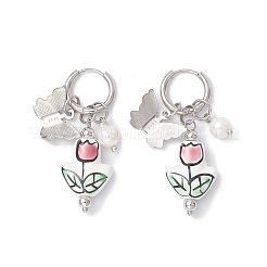 Серьги-кольца из нержавеющей стали 304 с цветком и бабочкой EJEW-JE06749-01