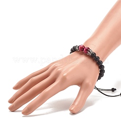 Браслет из плетеных бусин из натурального матового окрашенного и нагретого черного агата и тигрового глаза с литой короной&nbsp;BJEW-JB08249-03