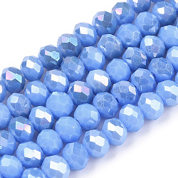 Chapelets de perles en verre électroplaqué, couleur unie opaque, de couleur plaquée ab , facette, rondelle, bleuet, 4x3mm, Trou: 0.40mm, Environ 123~127 pcs/chapelet, 16.5~16.9 pouce (42~43 cm)