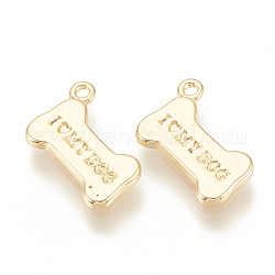 Brass Charms, Bone with Word I Love My Dog, Nickel Free, Real 18K Gold Plated, 12x8.5x1.5mm, Hole: 0.5mm