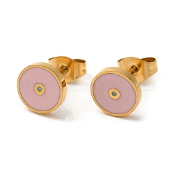 Ion Plating(IP) 304 Stainless Steel Stud Earrings with Pink Enamel, Flat Round Shape, Real 18K Gold Plated, 8mm