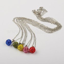 Valentine Present Disco Ball Pendant Necklaces, Brass Chains with Polymer Clay Rhinestone Beads and Brass Spring Ring Clasps, Mixed Color, 17.91 inch