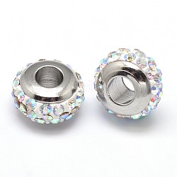 Rondelle 304 Stainless Steel Polymer Clay Rhinestone European Beads, with Double Side Platinum Color Core, Stainless Steel Color, Crystal AB, 10x6mm, Hole: 4mm