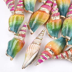Spray Painted & Electroplate Spiral Shell Big Pendants, with Iron Findings, Light Gold, Colorful, 53~80x23~28x16~20mm, Hole: 1.5mm