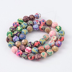 Manuell Polymer Ton Perlen, Runde mit Blumenmuster, Mischfarbe, 8 mm