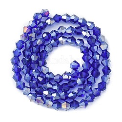 Perles en verre transparentes, de couleur plaquée ab , toupie avec facettes, bleu, 4x4mm, Trou: 1mm, Environ 92~96 pcs/chapelet, 13.78~14.37 pouce
