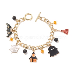 Alliage émail fantôme & chauve-souris & balai & bracelet à breloques en pierre de lave naturelle, bijoux d'halloween pour femmes, colorées, 7-1/2 pouce (19.2 cm)