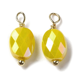 Charms in vetro galvanizzato, con anello in vero ottone placcato oro 18k, fascino ovale sfaccettato, giallo, 13.5x6x4mm, Foro: 1.6 mm