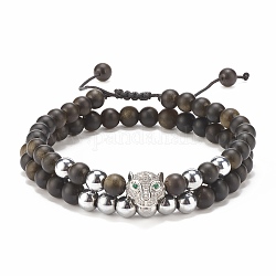 2pcs 2 bracelets de perles tressées en obsidienne naturelle et hématite synthétique serties de léopard en zircone cubique, bijoux en pierres précieuses pour femmes, platine, diamètre intérieur: 2-1/4~3-3/8 pouce (5.7~8.5 cm), 1pc / style