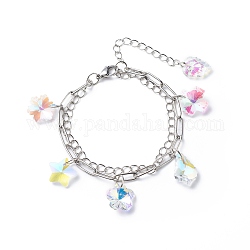 Bracelet multirang fleur & étoile & feuille & croix avec strass colorés, 304 bracelet double couche chaînes en acier inoxydable pour femme, platine, 7-1/4 pouce (18.3 cm)