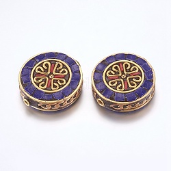 Perles Indonésiennes manuelles, avec les accessoires en laiton, sans nickel, plat rond avec le trèfle, brut (non plaqué), bleu, 28~28.5x7.5~8.5mm, Trou: 2mm