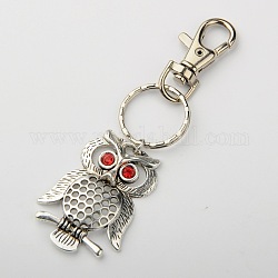 Tibetan Style Alloy Grade A Rhinestone Bird Keychain, with Alloy Swivel Lobster Claw Clasp and Iron Clasps, Owl, Platinum and Antique Silver, Light Siam, 71mm