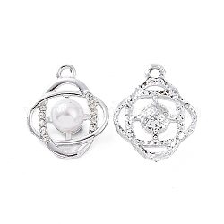 Colgantes de aleación de Diamante de imitación, con cuentas de perlas de imitación de plástico abs, charm de flores, Platino, 21.5x17.5x8mm, agujero: 2.5 mm