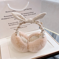Cache-oreilles bandeau pliable en laine pour femmes, cache-oreilles d'hiver en plein air, Avec du bowknot en coton, blanc antique, 150mm