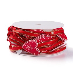 Cordón de poliéster, para la decoración de la fiesta de navidad, con cordón de algodón y fornituras de madera, corazón con el copo de nieve, rojo, 2~6mm, aproximamente 5 m / rollo