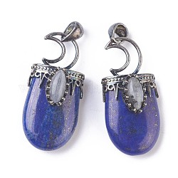Naturales lapis lazuli colgantes, con fornituras de latón, oval, plata antigua, 44~46x20~21x16~17mm, agujero: 5x7 mm