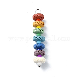 Chakra Natural Lava Rock Dyed Flat Round Pendants, Colorful Gems 304 Stainless Steel Glass Seed Beads Charms, Platinum, 42~42.5x8mm, Hole: 3mm