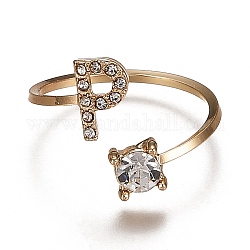 Alloy Cuff Rings, Open Rings, with Crystal Rhinestone, Golden, Letter.P, US Size 7 1/4(17.5mm)