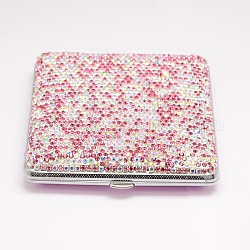 Shining Square Alloy Cigarette Cases, Covered with Rhinestone, Light Rose, 98x97x22mm