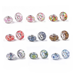 Harz europäischen Perlen, Großloch perlen, mit versilberten Messingkernen, facettiert, Rondell, Flamingo-Muster, Mischfarbe, 14x8~8.5 mm, Bohrung: 4.5~5 mm