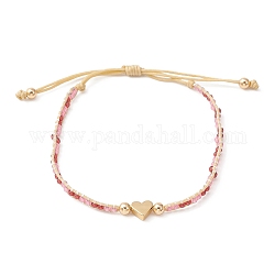 Bracelet tressé réglable, bracelets en laiton, verre et perles de graines rondes toho, pour femme, cœur, diamètre intérieur: 1-3/4~3 pouce (4.6~7.50 cm)
