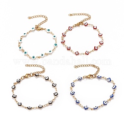 Losange en émail avec bracelet chaînes à maillons mauvais œil, placage sous vide 304 bijoux en acier inoxydable pour femmes, or, couleur mixte, 6-5/8 pouce (16.8 cm)