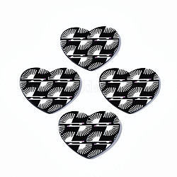 Pendenti in acrilico stampato 3d, in bianco e nero, cuore con motivo a ventaglio, nero, 31.5x38.5x2.5mm, Foro: 1.6 mm