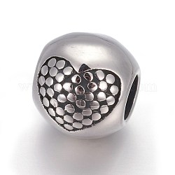 Rétro 316 perles de style européen en acier inoxydable chirurgical, Perles avec un grand trou   , ronde avec le coeur, argent antique, 10mm, Trou: 4.5mm