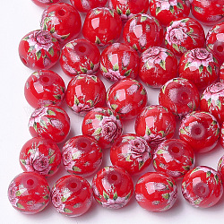 Печатные и окрашенные стеклянные шарики, круглые с цветочным узором, красные, 8~8.5x7.5 мм, отверстие : 1.4 мм