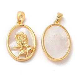 Brass Oval Pendants, Flower Charms with Natural Shell, Real 18K Gold Plated, 22x15x3.7mm, Hole: 2x3.8mm