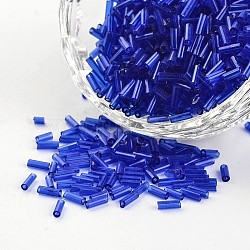 Perle trasparenti di bugle di vetro con foro tondo di colori trasparenti, blu, 3~5x1.8~2mm, Foro: 0.8 mm, circa 12000pcs/450g