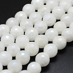 Brins de perles de jade blanc naturel galvanisé, ronde, facetté (128 facettes), 8mm, Trou: 1.5mm, Environ 47 pcs/chapelet, 14.9 pouce (38 cm)