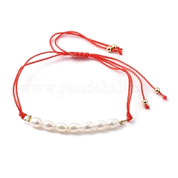 Nylon regolabile bracciali intrecciati cavo di perline, con perle d'acqua dolce coltivate naturali e perle di ottone placcato oro, rosso, diametro interno: 1/2 pollice ~ 3-3/4 pollici (1.4~9.5 cm)