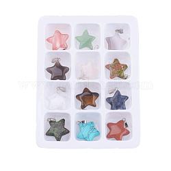 Gemstone Pendants, with Brass Clasps, Mixed Stone, Star, Mixed Color, 22x19x6mm, Hole: 6x2mm, 12pcs/box