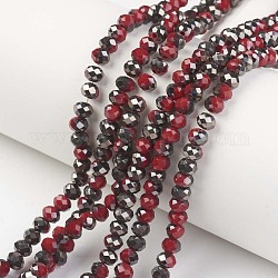 Fili di perline di vetro opaco placca, metà nero placcato, sfaccettato, rondelle, rosso scuro, 6x5mm, Foro: 1 mm, circa 85~88pcs/filo, 16.1~16.5 pollice (41~42 cm)