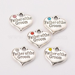 Wedding Theme Antique Silver Tone Tibetan Style Heart with Father of the Groom Rhinestone Charms, Mixed Color, 14x16x3mm, Hole: 2mm