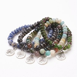 Bracelets en perles de pierre naturelle avec breloque, avec les accessoires en alliage, rond et plat avec un arbre, 2 pouce (5.1 cm), pendentif: 20x15x2 mm